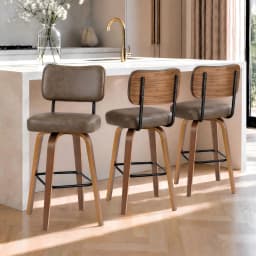 Counter Height Bar Stools Set Of 3, 26in Swivel Bar Stools With Back, Faux Leather Kitchen Island Stools, Bentwood Legs