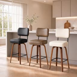 Counter Height Bar Stools Set Of 3, 26in Swivel Bar Stools With Back, Faux Leather Kitchen Island Stools, Bentwood Legs