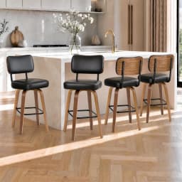 Counter Height Bar Stools Set Of 3, 26in Swivel Bar Stools With Back, Faux Leather Kitchen Island Stools, Bentwood Legs