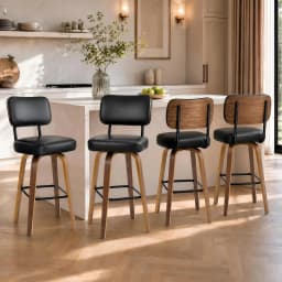 Counter Height Bar Stools Set Of 3, 26in Swivel Bar Stools With Back, Faux Leather Kitchen Island Stools, Bentwood Legs