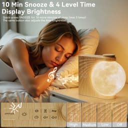 Moon Lamp Night Light Sunrise Alarm Clock Wake Up Light with White Noise Sound Machine, Dual Alarms for Heavy Sleepers, 10 RGB Night Light & Sleep Timer, Wood Grain Desk Clock for Bedroom