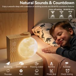 Moon Lamp Night Light Sunrise Alarm Clock Wake Up Light with White Noise Sound Machine, Dual Alarms for Heavy Sleepers, 10 RGB Night Light & Sleep Timer, Wood Grain Desk Clock for Bedroom
