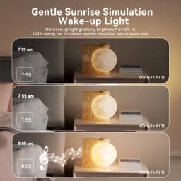 Moon Lamp Night Light Sunrise Alarm Clock Wake Up Light with White Noise Sound Machine, Dual Alarms for Heavy Sleepers, 10 RGB Night Light & Sleep Timer, Wood Grain Desk Clock for Bedroom