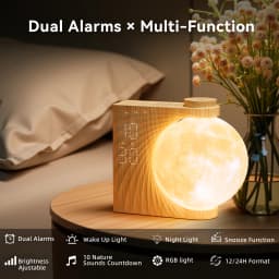 Moon Lamp Night Light Sunrise Alarm Clock Wake Up Light with White Noise Sound Machine, Dual Alarms for Heavy Sleepers, 10 RGB Night Light & Sleep Timer, Wood Grain Desk Clock for Bedroom