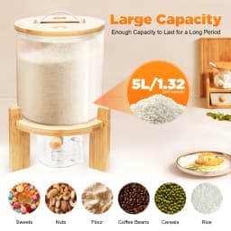 Capacity Airtight Glass Dry Food Storage, Container Cereal Rice Dispenser w/Round Bamboo Lids & Cup & Stand (5 L)
