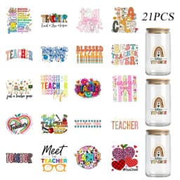 21 PCS UV DTF Transfer Stickers Cup, Teacher Love Inspiration Teacher Best Baker Ever Just A Teacher Goose Teach