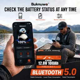 BUKNUWO LiFePO4 12V/12.8V 100Ah Lithium Battery Pack With Bluetooth Built-in 100A BMS Grade A Cells 8000+ Cycles BMS Grade A For Boat RV Campers Solar System
