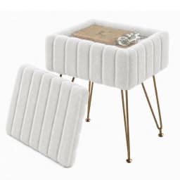 Vanity Stool With Storage, Faux Fur Ottoman With Gold Metal Legs, Soft Padded Makeup Seat Foot Rest For Bedroom Living Room