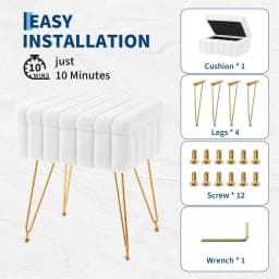 Vanity Stool With Storage, Faux Fur Ottoman With Gold Metal Legs, Soft Padded Makeup Seat Foot Rest For Bedroom Living Room