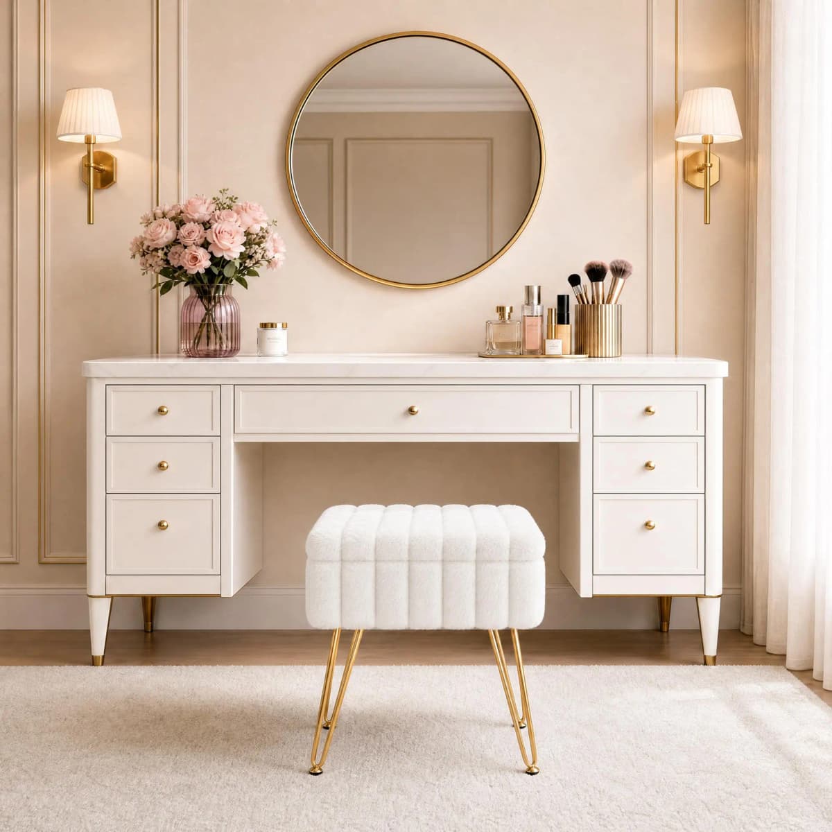 Vanity Stool With Storage, Faux Fur Ottoman With Gold Metal Legs, Soft Padded Makeup Seat Foot Rest For Bedroom Living Room