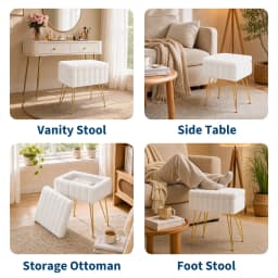 Vanity Stool With Storage, Faux Fur Ottoman With Gold Metal Legs, Soft Padded Makeup Seat Foot Rest For Bedroom Living Room