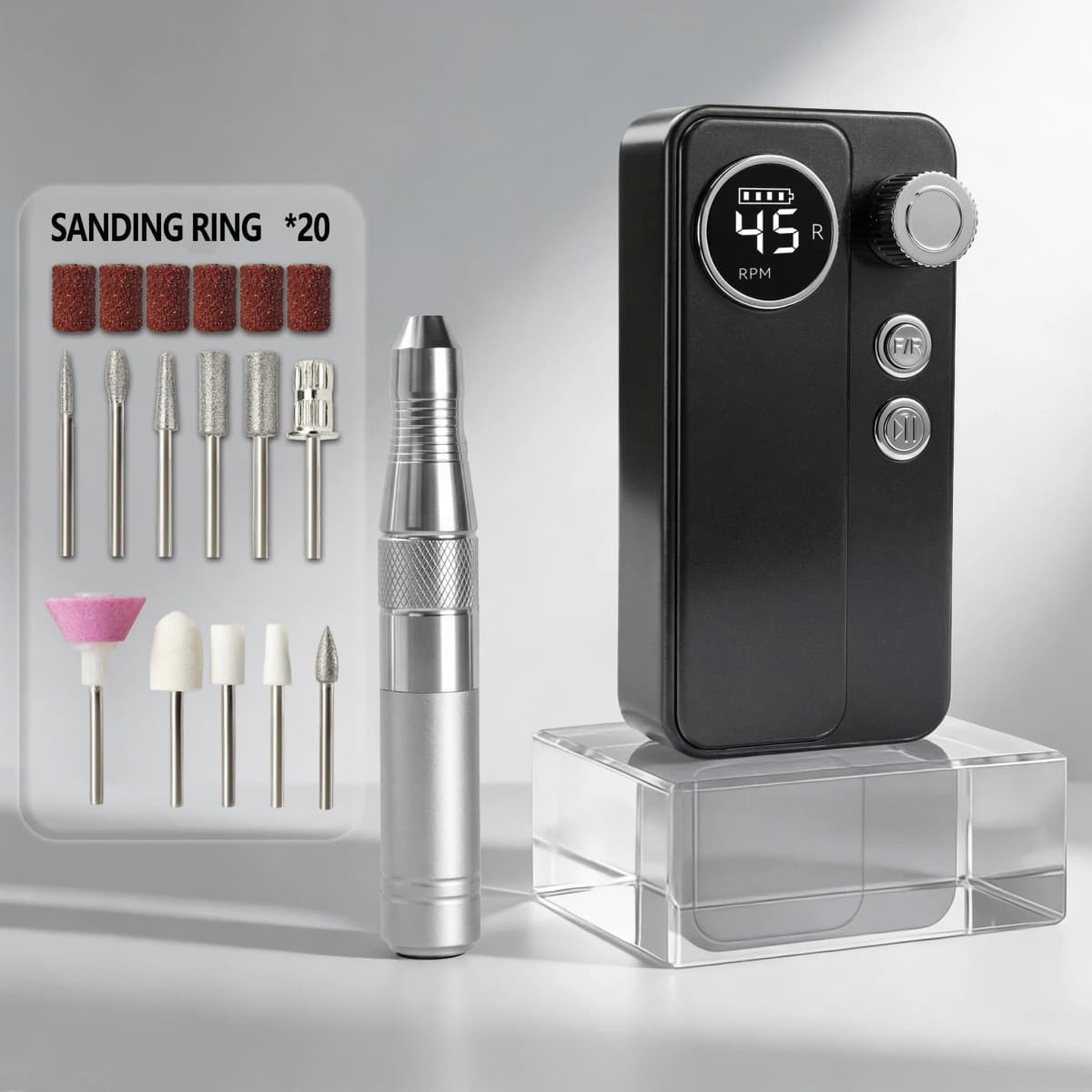 Multifunctional Electric Nail Drill Set, High Power, Forward & Reverse Rotation with Smart Digital Display, Fits Gel & Acrylic Nails, Comes with 11 Drill Bits & 20 Sanding Bands, Rechargeable Portable Manicure Pedicure Tool for Nail Care