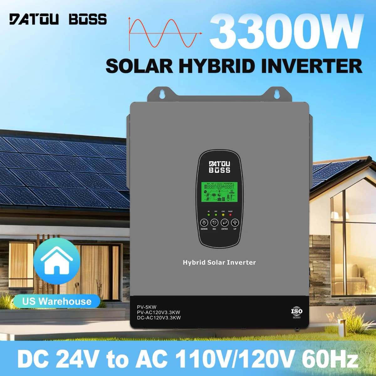 DATOUBOSS 3300W Hybrid Solar Inverter 24V Pure Sine Wave Inverter Charger 5000W PV Input 120A MPPT Solar Charge Controller Off-Grid WiFi Monitoring UPS 10ms Transfer