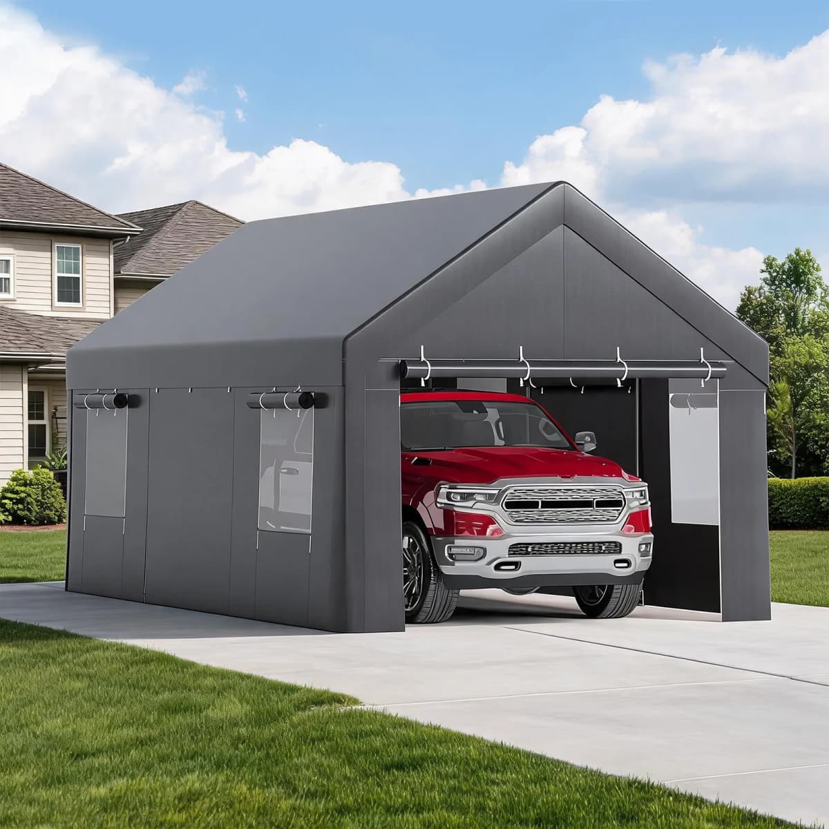 10x20/12x20 Heavy Duty Carport Portable Garage With Roll-Up Windows, Removable Sidewalls & Doors, All-Season Steel Frame Shelter