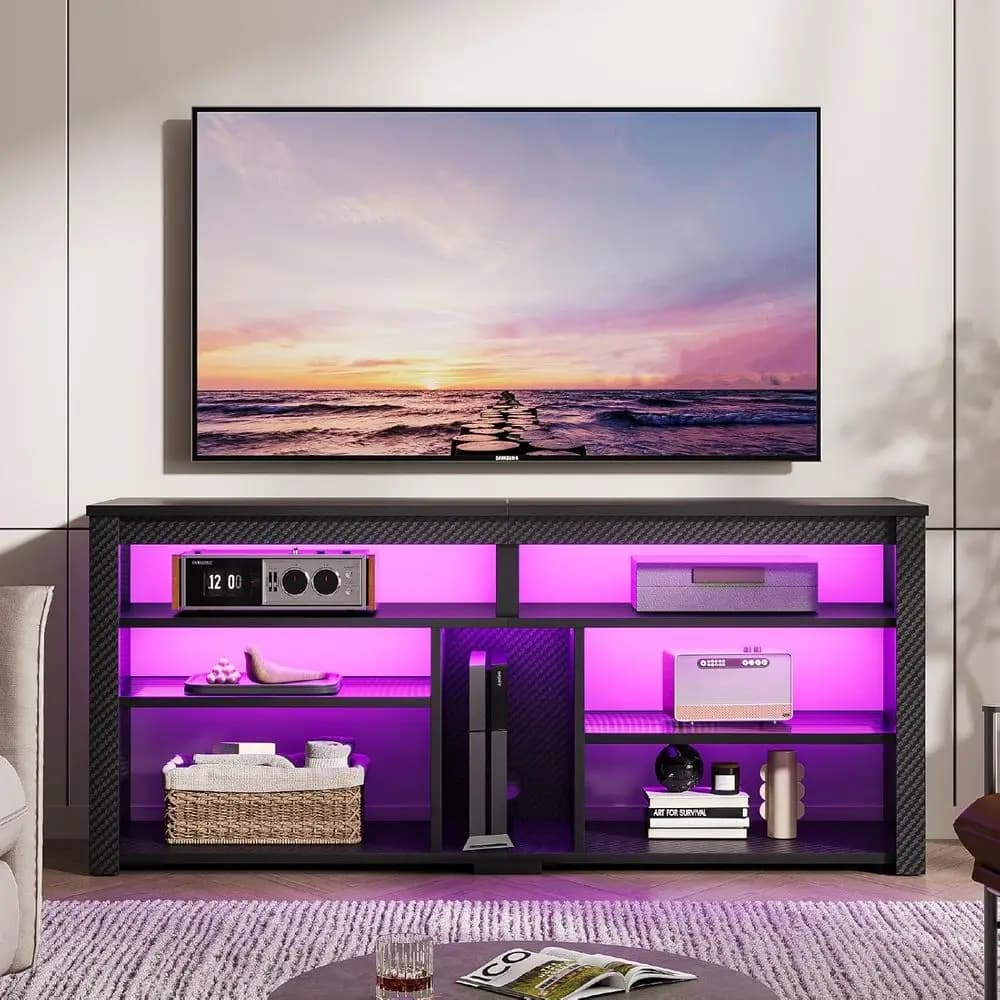 LED Tall TV Stand, Entertainment Center or 55/60/65 Inch TV, Gaming TV ole with Storage or PS4, Adjustable Shel TV Cabinet or Li