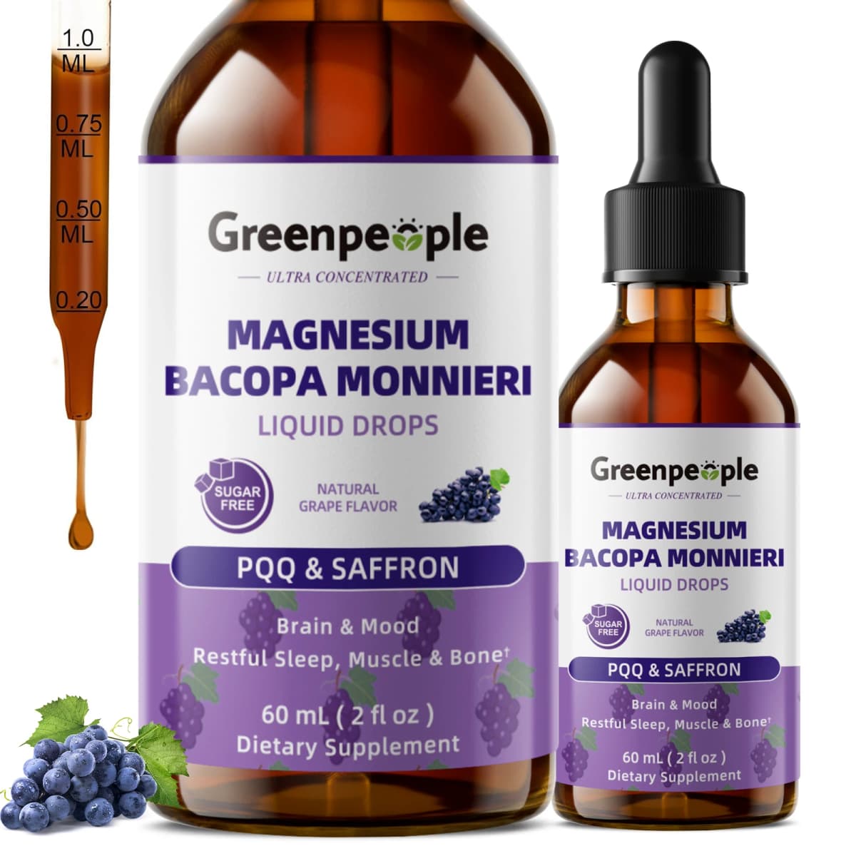 GREENPEOPLE 60ML Magnesium Glycinate Liquid Drops 4-in-1 High Absorption for Sleep,Bone, Muscle Health Sugar-Free Grape Flavor