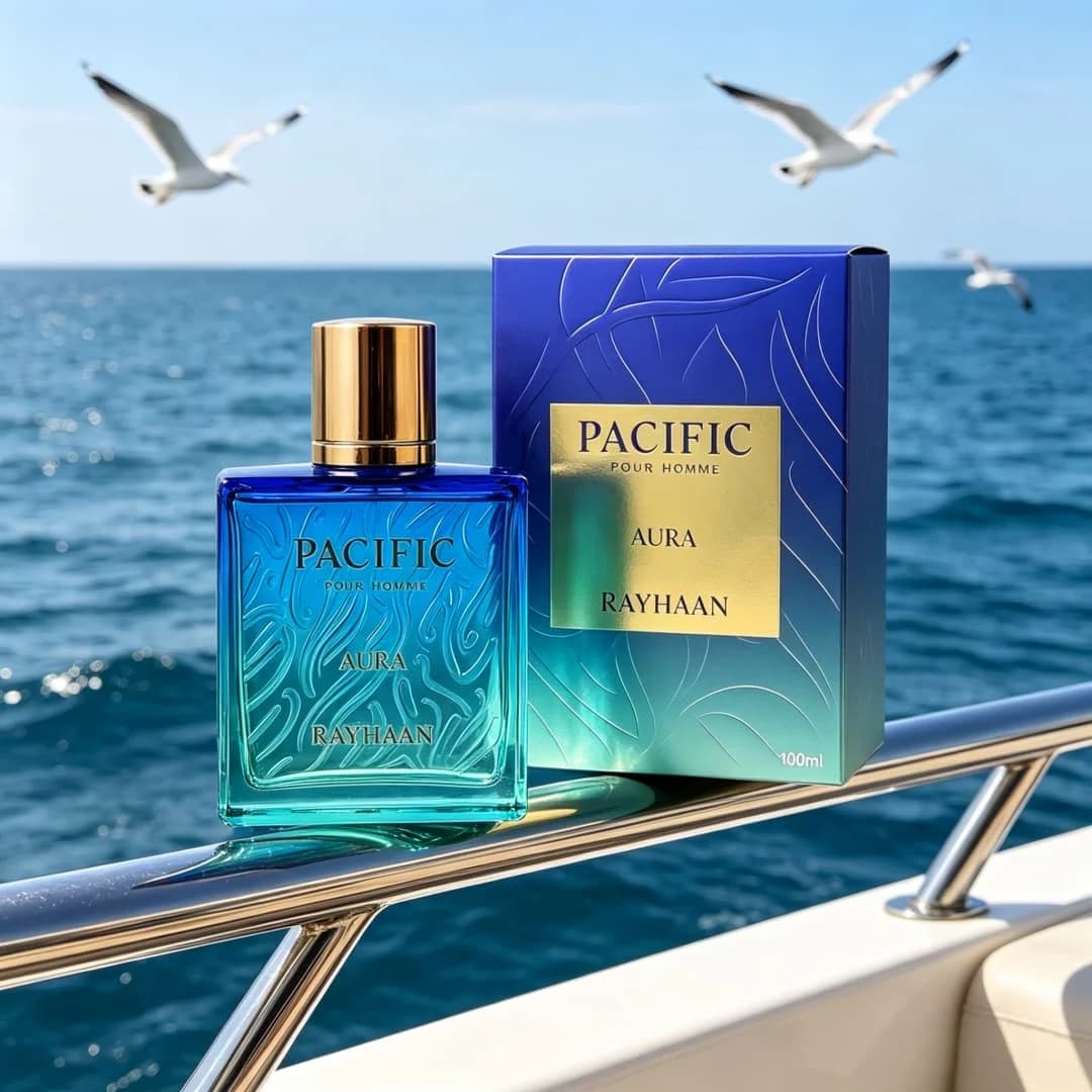 Rayhaan Pacific Aura Eau de Cologne for Men, 3.4 oz 100 ml. A marine, aquatic, woody fragrance, perfect for a refreshing summery and sporty look. Long-lasting scent for 8-12 hours.
