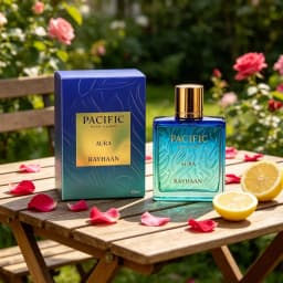 Rayhaan Pacific Aura Eau de Cologne for Men, 3.4 oz 100 ml. A marine, aquatic, woody fragrance, perfect for a refreshing summery and sporty look. Long-lasting scent for 8-12 hours.