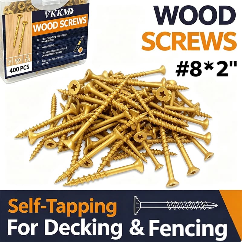 VKKM 400Pcs #8x2" Multi-Purpose Wood Screws, T25 Star Drive Self Tapping with Free Bit, Rust Proof for Furniture, Decking & Fencing