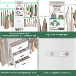 96'' Wall Mounted Closet Organizer System with 3 Hanging Rods & 3 Wood Drawers, Heavy Duty Expandable Wardrobe Storage Rack for Walk-in Closet, Bedroom, Laundry Room