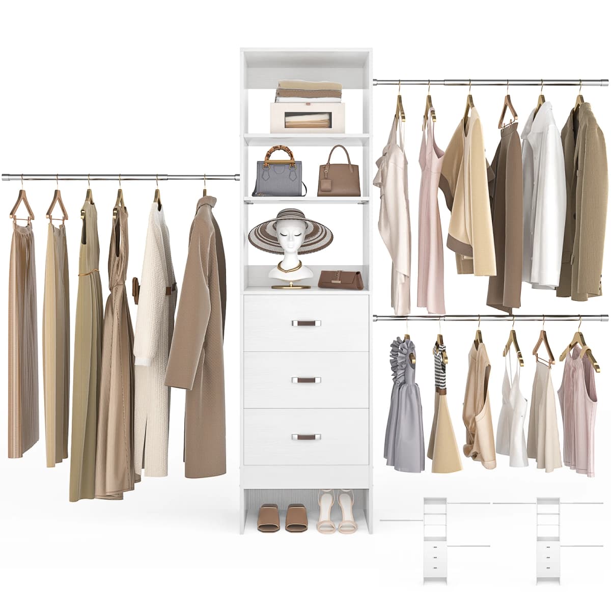 96'' Wall Mounted Closet Organizer System with 3 Hanging Rods & 3 Wood Drawers, Heavy Duty Expandable Wardrobe Storage Rack for Walk-in Closet, Bedroom, Laundry Room