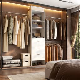 96'' Wall Mounted Closet Organizer System with 3 Hanging Rods & 3 Wood Drawers, Heavy Duty Expandable Wardrobe Storage Rack for Walk-in Closet, Bedroom, Laundry Room