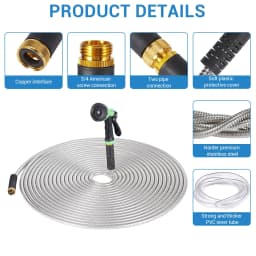 50/100/150FT Stainless Steel Garden Hose With 10-Function Spray Nozzle Kink-Free Metal Water Hose Brass Connectors