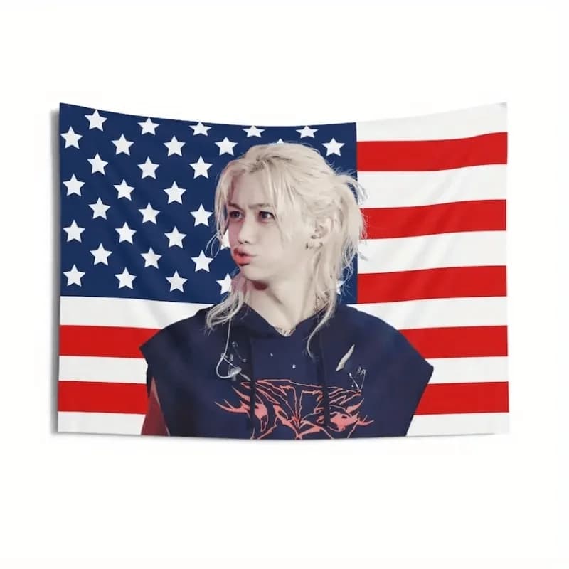 1Pc SKZ Felix Pout American Flag Concert Canvas Light Polyester Wall Decor, Eye-Catching Pattern Design, Perfect Gift For Fans,