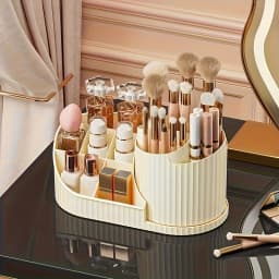 8.07 in × 4.33 in × 4.57 in Rotating Makeup Organizer – Compact 360° Rotating Makeup Organizer made of durable plastic, space-saving design suitable for makeup brushes, lipsticks, skincare products, and stationery, making it an ideal choice for storing