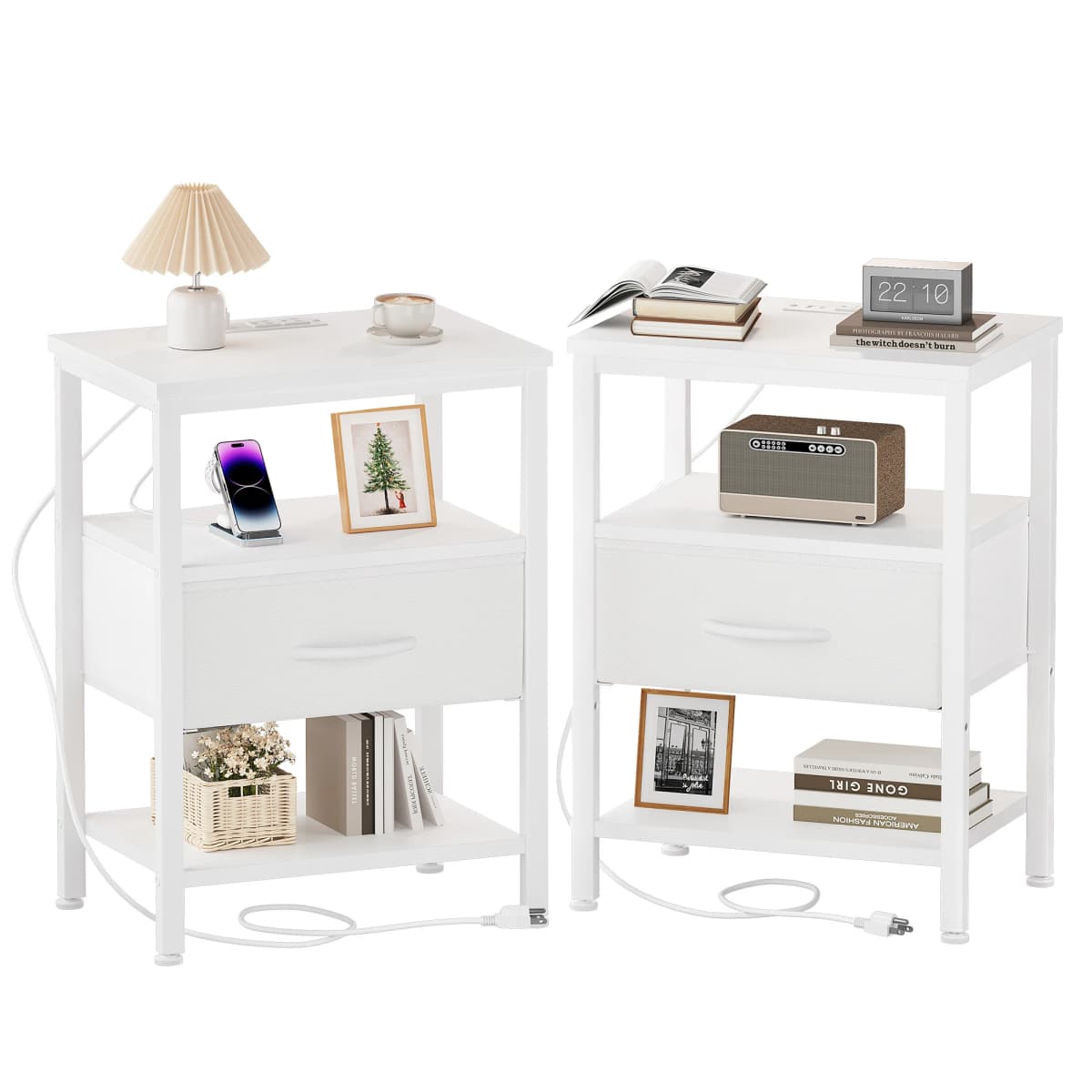 JHK 3-Tier Nightstand Set of 2 with Wireless Charging Station Bedside Tables with Adjustable Fabric Drawers Storage Open Shelf