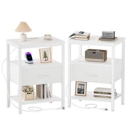 JHK 3-Tier Nightstand Set of 2 with Wireless Charging Station Bedside Tables with Adjustable Fabric Drawers Storage Open Shelf