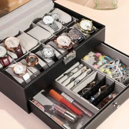 12-Slot Watch Box with Drawer, Luxury Leather Watch Storage Case Organizer, Black Jewelry Display Box for Men, Bracelet Necklace Holder for Women, Vanity