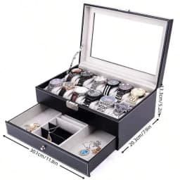 12-Slot Watch Box with Drawer, Luxury Leather Watch Storage Case Organizer, Black Jewelry Display Box for Men, Bracelet Necklace Holder for Women, Vanity