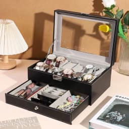 12-Slot Watch Box with Drawer, Luxury Leather Watch Storage Case Organizer, Black Jewelry Display Box for Men, Bracelet Necklace Holder for Women, Vanity