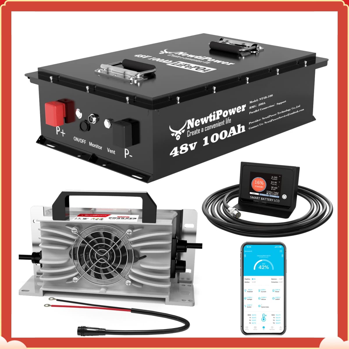 PAOWERIC Complete 48V 100Ah Lithium Golf Cart Battery System w/ 200A BMS + 58.4V Charger, Drop-In Ready for Club Car, EZGO, Yamaha, Marine & Solar Backup