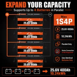 Buknuwo 24V/25.6 100Ah M8 Smart LiFePO4 Lithium Battery With Bluetooth, 2560Wh Power Energy Built-in 100A BMS Low Temperature Protection Capable Of Over 4000 Deep Cycles Support Parallel Battery For Trolling Motor, Marine, RV, Solar And Off-Grid