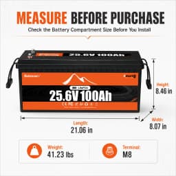 Buknuwo 24V/25.6 100Ah M8 Smart LiFePO4 Lithium Battery With Bluetooth, 2560Wh Power Energy Built-in 100A BMS Low Temperature Protection Capable Of Over 4000 Deep Cycles Support Parallel Battery For Trolling Motor, Marine, RV, Solar And Off-Grid