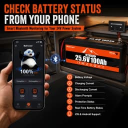 Buknuwo 24V/25.6 100Ah M8 Smart LiFePO4 Lithium Battery With Bluetooth, 2560Wh Power Energy Built-in 100A BMS Low Temperature Protection Capable Of Over 4000 Deep Cycles Support Parallel Battery For Trolling Motor, Marine, RV, Solar And Off-Grid
