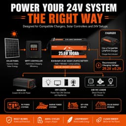 Buknuwo 24V/25.6 100Ah M8 Smart LiFePO4 Lithium Battery With Bluetooth, 2560Wh Power Energy Built-in 100A BMS Low Temperature Protection Capable Of Over 4000 Deep Cycles Support Parallel Battery For Trolling Motor, Marine, RV, Solar And Off-Grid