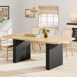 71 Inch Industrial Dining Table For 6-8, Farmhouse Rectangular Kitchen Table With Rustic Wood Top And Black Fluted Metal Legs