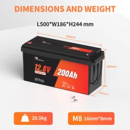 RVLithTime 12V 200Ah LiFePO4 Deep Cycle Battery 2560Wh with 200A BMS Low Temperature Cut-off 6000+ Cycles IP65 Waterproof Lithium Battery for RV Marine Travel Trailer & Off-Grid