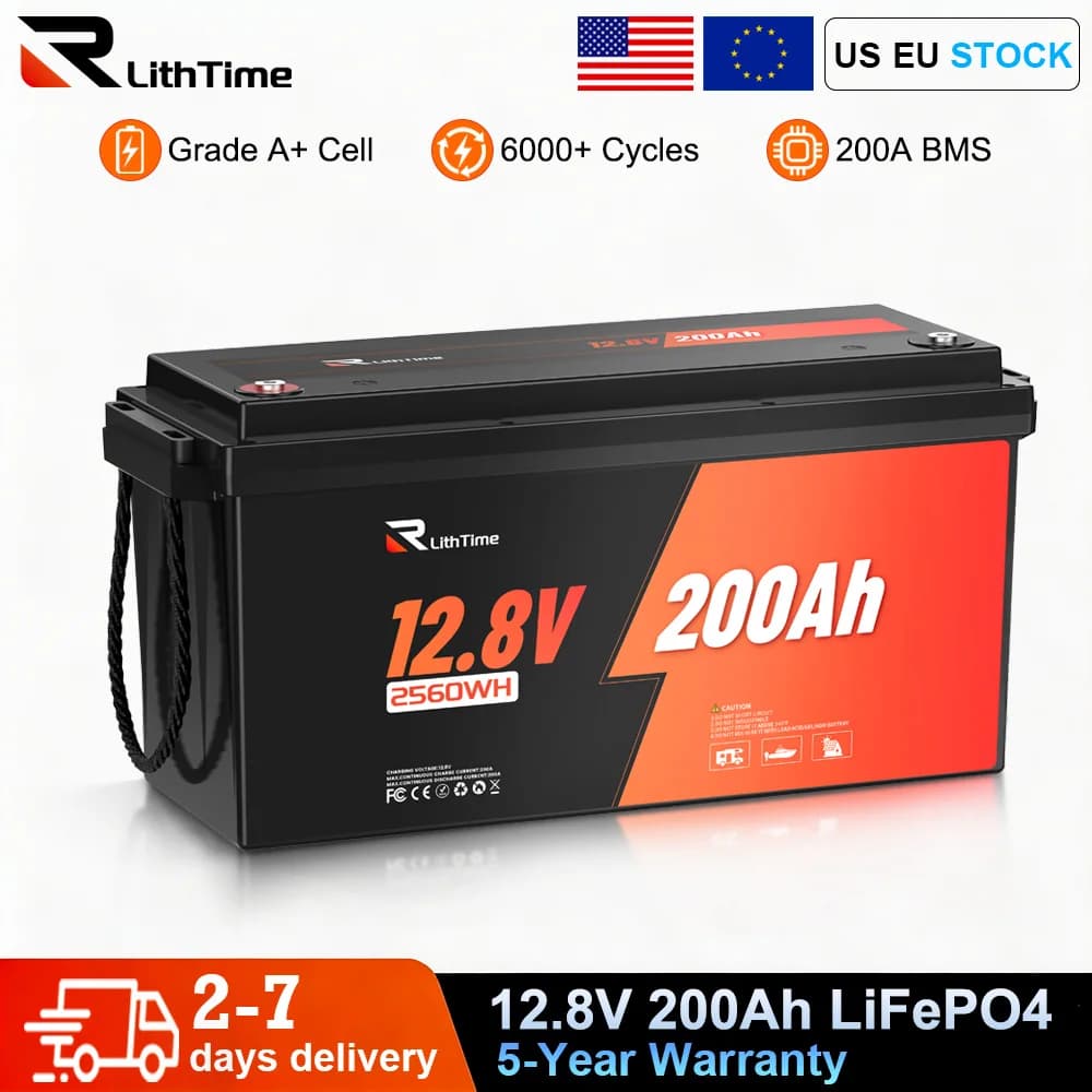 RVLithTime 12V 200Ah LiFePO4 Deep Cycle Battery 2560Wh with 200A BMS Low Temperature Cut-off 6000+ Cycles IP65 Waterproof Lithium Battery for RV Marine Travel Trailer & Off-Grid