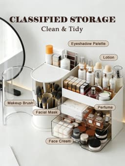 2-Tier Rotating Makeup Organizer with Brush Holder, Large Capacity Skincare Storage Box for Bathroom Countertop Vanity Dresser, White