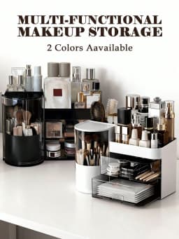 2-Tier Rotating Makeup Organizer with Brush Holder, Large Capacity Skincare Storage Box for Bathroom Countertop Vanity Dresser, White