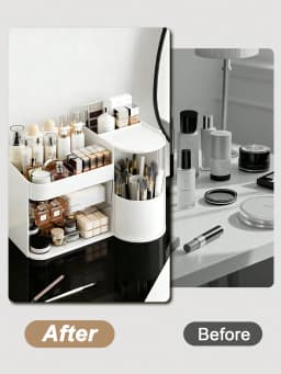 2-Tier Rotating Makeup Organizer with Brush Holder, Large Capacity Skincare Storage Box for Bathroom Countertop Vanity Dresser, White