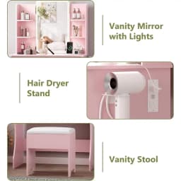Small Vanity Desk with Mirror and Lights, Makeup Vanity with LED Lights, Pink Vanity Mirror with Lighted Desk and Chair, 3 Light
