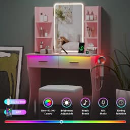 Small Vanity Desk with Mirror and Lights, Makeup Vanity with LED Lights, Pink Vanity Mirror with Lighted Desk and Chair, 3 Light
