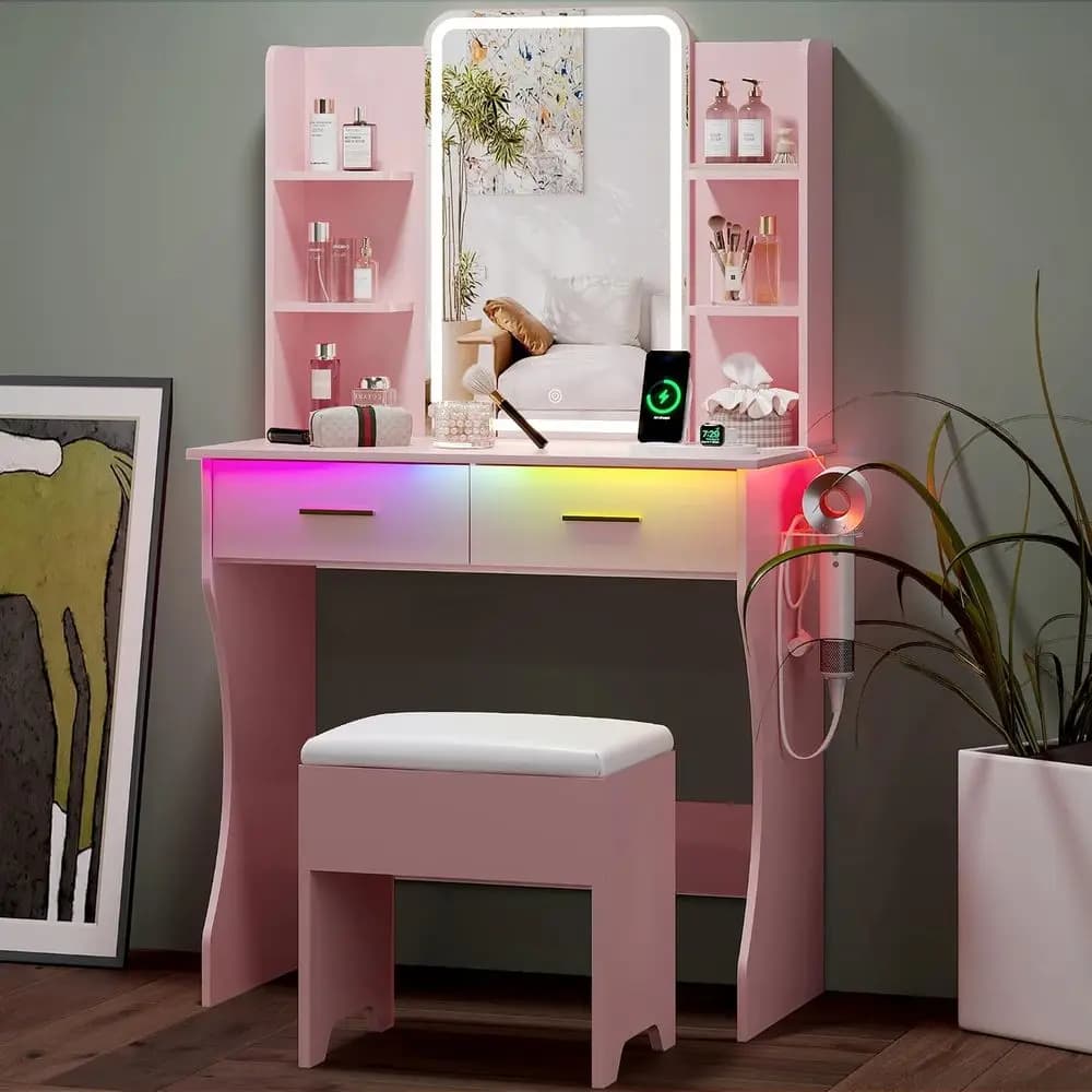 Small Vanity Desk with Mirror and Lights, Makeup Vanity with LED Lights, Pink Vanity Mirror with Lighted Desk and Chair, 3 Light