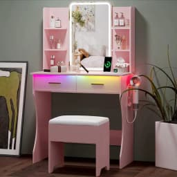 Small Vanity Desk with Mirror and Lights, Makeup Vanity with LED Lights, Pink Vanity Mirror with Lighted Desk and Chair, 3 Light