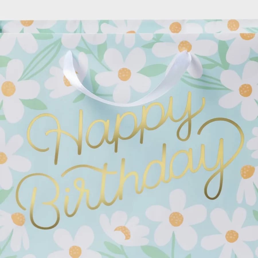 Medium Foil Print ‘Happy Birthday’ Daisies Birthday Gift Bag Blue/White